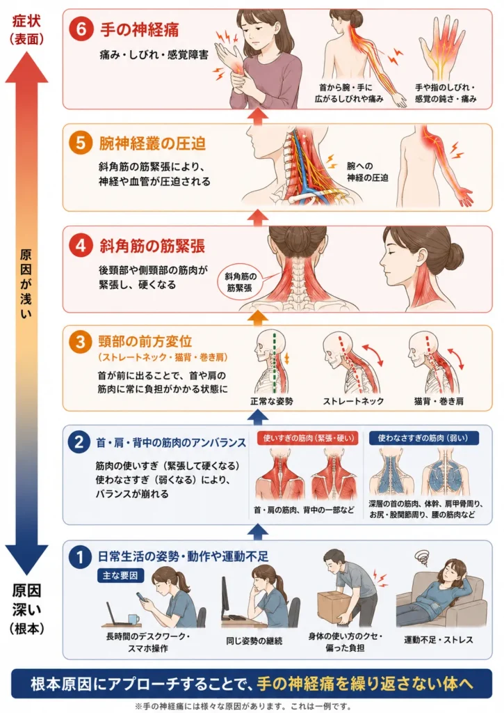 手の神経痛発生図 ⑥ 手の神経痛(痛み・しびれ・感覚障害) ⑤ 腕神経叢の圧迫 斜角筋の筋緊張により、 神経や血管が圧迫される イラスト内表記:腕への神経の圧迫 ④ 斜角筋の筋緊張 後頸部や側頸部の筋肉が 緊張し、硬くなる イラスト内表記 斜悪筋の筋緊張 ③ 頸部の前方変位 ストレートネック・猫背・巻き肩 首が前に出ることで、首や肩の 筋肉に常に負担がかかる状態に 姿勢の例 正常な姿勢 ストレートネック 猫背・巻き肩 ② 首・肩・背中の筋肉のアンバランス 筋肉の使いすぎ(緊張して硬くなる) 使わなさすぎ(弱くなる)により、 バランスが崩れる 使いすぎの筋肉(緊張・硬い) 首・肩の筋肉、背中の一部など 使わなさすぎの筋肉(弱い) 深層の首の筋肉、体幹、肩甲骨周り、 お尻・股関節周り、腰の筋肉など ① 日常生活の姿勢・動作や運動不足 主な要因 長時間のデスクワーク・スマホ操作 同じ姿勢の継続 身体の使い方のクセ・偏った負担 運動不足・ストレス