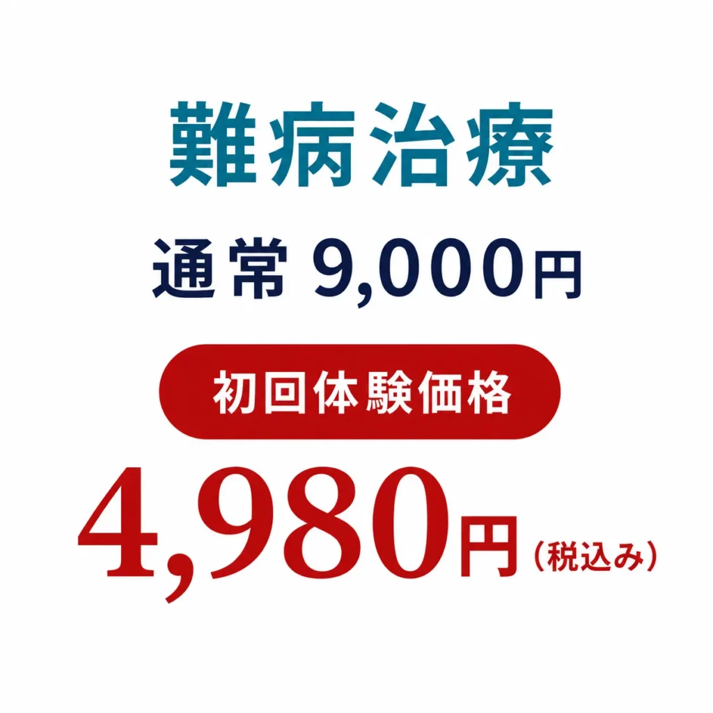 「難病治療 通常9,000円 初回体験価格 4,980円(税込み)