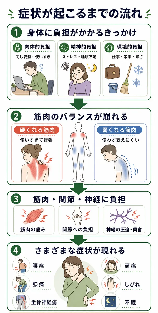 身体に負担がかかるきっかけ  肉体的負担
長時間同じ姿勢・運動不足・使いすぎ・ケガ
精神的負担
ストレス・不安・睡眠不足
環境的負担
仕事・家事・生活環境・寒さ  ↓  筋肉のバランスが崩れる  使いすぎる筋肉が硬くなる
使えていない筋肉が弱くなる  ↓  筋肉・関節・神経に負担がかかる  筋肉の緊張・痛み
関節に負担が集中
神経の圧迫や興奮
自律神経の働きが乱れる  ↓  さまざまな症状が現れる  腰痛・膝痛・坐骨神経痛・頭痛・しびれ・不眠など